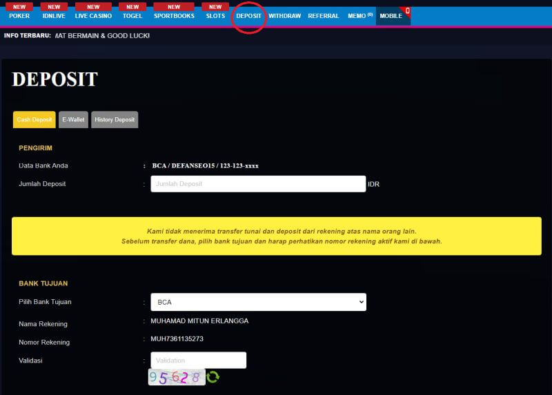 Klik Tombol Deposit dan Isi Saldo Akun setelah Mendaftar